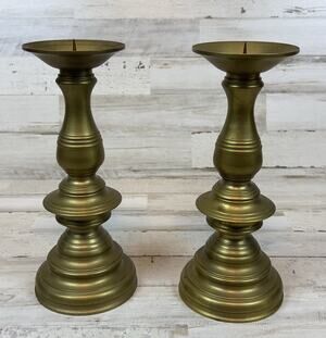 Pair Heavy Solid Brass Taper Candle Holders Traditional Gold Tone 9.5" Vintage